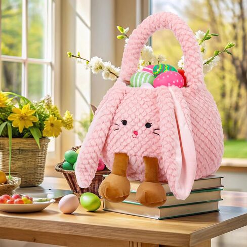 Easter Basket Plush for Kids, Cute Bunny Easter Bucket Egg Hunt Bag Boys Girls Festivals Gift in Kuwait