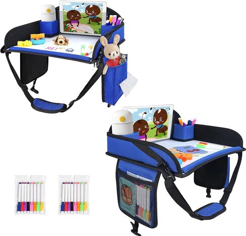2Pcs Kids Travel Tray, Travel Tray for Kid with Drawing Kit, Carseat Trays for Toddler, Toddler Road Trip Essentials, Blue in Saudi Arabia