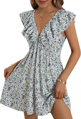 Loemes Sundress Casual Cute Mini Dress V Neck Floral Fuffle Sleeveless Vacation Summer Dresses for Women 2025 with Pockets in Saudi Arabia