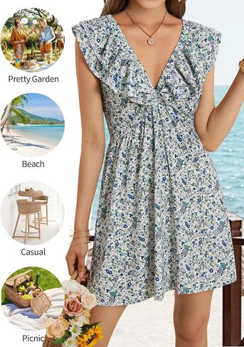 Loemes Sundress Casual Cute Mini Dress V Neck Floral Fuffle Sleeveless Vacation Summer Dresses for Women 2025 with Pockets in Saudi Arabia