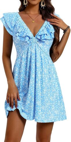 Loemes Sundress Casual Cute Mini Dress V Neck Floral Fuffle Sleeveless Vacation Summer Dresses for Women 2025 with Pockets in Saudi Arabia