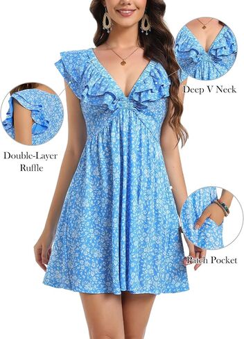Loemes Sundress Casual Cute Mini Dress V Neck Floral Fuffle Sleeveless Vacation Summer Dresses for Women 2025 with Pockets in Saudi Arabia
