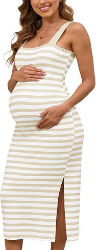 Striped Maternity Summer Dress - Sleeveless Square Neck Tank with Side Slit, Baby Shower & Casual Pregnancy Outfit in Saudi Arabia