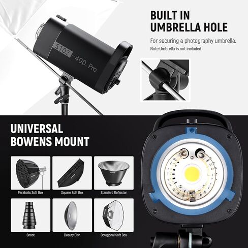 NEEWER S102-400W PRO Flash Lighting Kit (2 Pack) with 2X 2.4G Trigger, 2X Photography Light Stand, 2X Softbox, 5 in 1 Reflector, Bag, 400Ws GN62 5600K 30W LED Modeling Lamp Bowens Mount Silent Fan in Kuwait