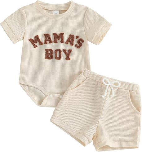 Douhoow Baby Boy Summer Outfits Short Sleeve Mamas Boy Little Dude Embroidery Boy Romper Shorts Set Infant Waffle Clothes in Kuwait
