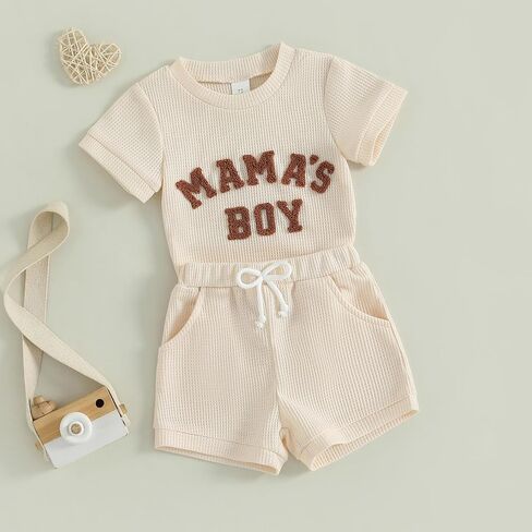Douhoow Baby Boy Summer Outfits Short Sleeve Mamas Boy Little Dude Embroidery Boy Romper Shorts Set Infant Waffle Clothes in Kuwait