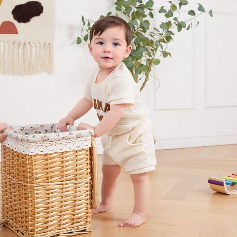 Douhoow Baby Boy Summer Outfits Short Sleeve Mamas Boy Little Dude Embroidery Boy Romper Shorts Set Infant Waffle Clothes in Kuwait