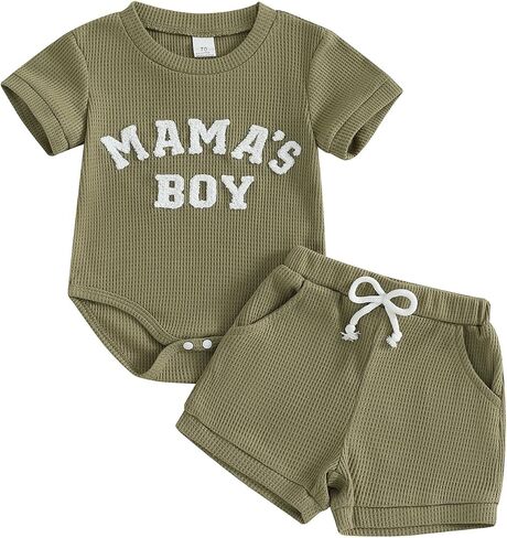 Douhoow Baby Boy Summer Outfits Short Sleeve Mamas Boy Little Dude Embroidery Boy Romper Shorts Set Infant Waffle Clothes in Kuwait