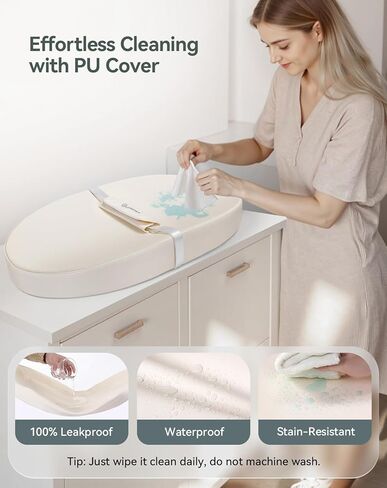 COMOMY Baby Changing Pad with Wipeable & Waterproof PU Cover, Contoured Diaper Changing Pad for Dresser with Non-Slip Safety Belt, Portable and Lightweight, Large Cushioned Foam, Creamy White in Kuwait