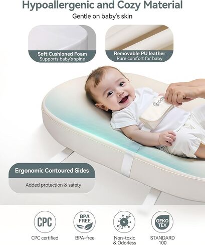 COMOMY Baby Changing Pad with Wipeable & Waterproof PU Cover, Contoured Diaper Changing Pad for Dresser with Non-Slip Safety Belt, Portable and Lightweight, Large Cushioned Foam, Creamy White in Kuwait