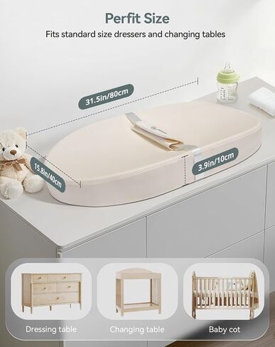 COMOMY Baby Changing Pad with Wipeable & Waterproof PU Cover, Contoured Diaper Changing Pad for Dresser with Non-Slip Safety Belt, Portable and Lightweight, Large Cushioned Foam, Creamy White in Kuwait