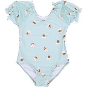 LIZENS Girls' One-Piece Swimwear Adorable Bunny Rabbit Puff Sleeve Tropical Floral Girls Bathing Suit