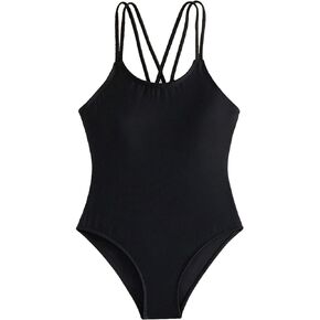 OYOANGLE Girl's Basic One Piece Swimsuit Criss Cross Spaghetti Strap Sports Training Bathing Suit