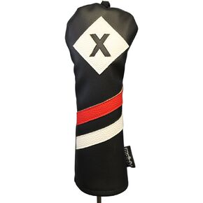 Majek Retro Golf Headcover Black Red and White Vintage Leather Style X Fairway Wood Head Cover Classic Look, Wheel Tag Includes Numbers 3 Through 7 Plus X