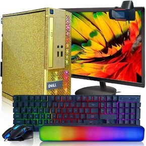 PC Gold Treasure Box RGB Dell Desktop Quad Core I5 up to 3.6G, 16G, 512G SSD, WiFi, Bluetooth 4.0, RGB Gaming Keyboard & Mouse, DVD, New 22" 1080 FHD LED, RGB Sound Bar, Webcam, Win 10 Pro (Renewed)