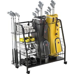 Golf Bag Storage Rack for Garage - Double Golf Bag Organizer with Lockable Wheels - Golf Organizer for Golf Accessories - Ideal Golf Gifts for Men - Easy to Assemble