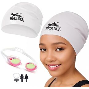 Large Swim Cap and Swim Goggles Kids Set, Silicone Swimming Cap For Braids And Dreadlocks For Kids With Anti-Flog Swimming Goggles Set Waterproof Clear Vision Water Pool Goggles and Swim Cap For Toddler Kids Girls Boys Youth