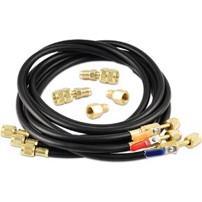 Lichamp 3 Pieces 5FT AC HVAC Manifold Gauge Hose Kit with Ball Valve and 4 Pieces Hose Adapters Fits R134A R410A R404A R12 R22 R502 R1234YF Refrigerants