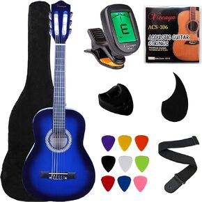 جيتار صوتي كلاسيكي للأطفال المبتدئين 31 بوصة مقاس 1/4 أوتار نايلون جيتار كلاسيكي مع حقيبة أزعج، حزام، اختيارات، حامل اختيار، أوتار إضافية، موالف إلكتروني للطلاب، البالغين - أزرق in Kuwait