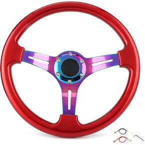 Aramox Steering Wheel, 350mm/14in Dia Car Sport Steering Wheel Universal for Vehicle Racing Car 6 Hole Red
