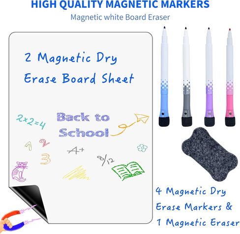 2PCS Magnetic Dry Erase Whiteboard for Fridge,Magnetic Dry Erase Board Sheet with 4 Dry Erase Marker and 1 Eraser, Magnetic Whiteboard for Fridge, Magnetic Dry Erase Board(12" x 9") in Kuwait