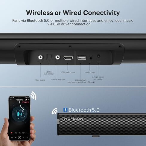 أشرطة صوت طومسون 35 بوصة مع بلوتوث، مكبرات صوت تلفزيونية للمسرح المنزلي مع مكبر صوت انعكاسي، صوت DSP وقابل للتعديل على الحائط، HDMI/ARC/AUX/Opti/Coax/USB in Kuwait