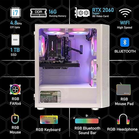 كمبيوتر ألعاب STGAubron، Intel Core i7-10700F حتى 4.8G، GeForce RTX 2060 Super 8G GDDR6، 16G DDR4، 1T SSD، WiFi، BT 5.0، RGB Fan x 6، لوحة مفاتيح وماوس ولوحة ماوس RGB، شريط صوت RGB BT، ميكروفون ألعاب RGB BT ،W11H64 in Kuwait