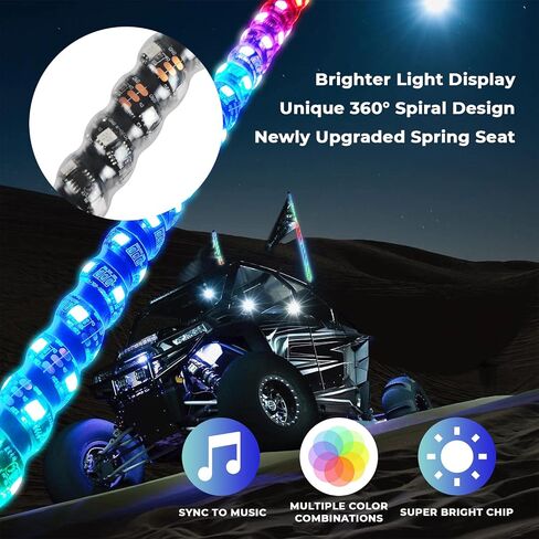 2PCS 4FT LED Whip Lights with New Spring, Spiral RGB, 300 Colors, 178 Modes, Bluetooth Remote Control, Waterproof IP67 for Can-Am ATV UTV RZR Polaris Dune Buggy Offroad Truck Accessories in Saudi Arabia