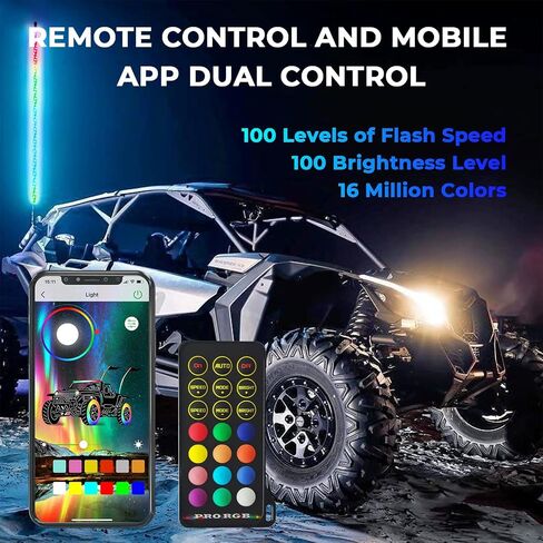2PCS 4FT LED Whip Lights with New Spring, Spiral RGB, 300 Colors, 178 Modes, Bluetooth Remote Control, Waterproof IP67 for Can-Am ATV UTV RZR Polaris Dune Buggy Offroad Truck Accessories in Saudi Arabia