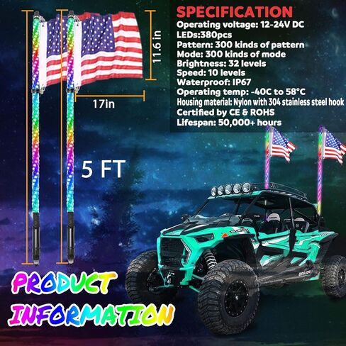 2 قطعة أضواء سوط LED بطول 4 أقدام مع زنبرك جديد، حلزوني RGB، 300 لون، 178 وضعًا، جهاز تحكم عن بعد بلوتوث، مقاوم للماء IP67 لملحقات شاحنة Can-Am ATV UTV RZR Polaris Dune Buggy الطرق الوعرة in Kuwait