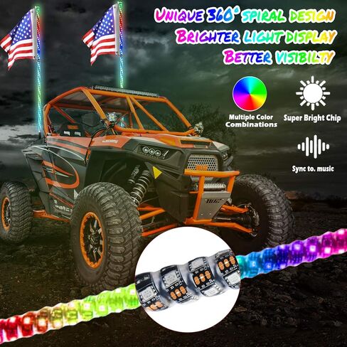 2 قطعة أضواء سوط LED بطول 4 أقدام مع زنبرك جديد، حلزوني RGB، 300 لون، 178 وضعًا، جهاز تحكم عن بعد بلوتوث، مقاوم للماء IP67 لملحقات شاحنة Can-Am ATV UTV RZR Polaris Dune Buggy الطرق الوعرة in Kuwait