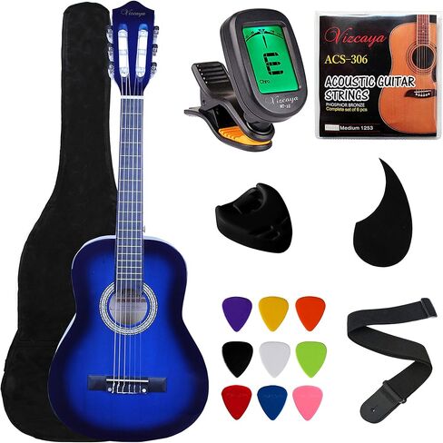 جيتار صوتي كلاسيكي للأطفال المبتدئين 31 بوصة مقاس 1/4 أوتار نايلون جيتار كلاسيكي مع حقيبة أزعج، حزام، اختيارات، حامل اختيار، أوتار إضافية، موالف إلكتروني للطلاب، البالغين - أزرق in Kuwait