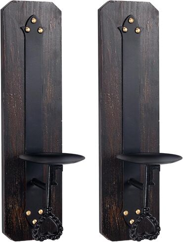 حامل شموع جداري، حامل شموع معدني وخشبي مثبت على الحائط، حامل شموع ديكور منزلي، حامل شموع مثبت على الحائط، مجموعة من 2 in Kuwait