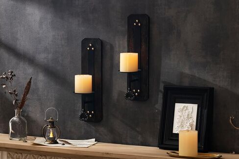 حامل شموع جداري، حامل شموع معدني وخشبي مثبت على الحائط، حامل شموع ديكور منزلي، حامل شموع مثبت على الحائط، مجموعة من 2 in Kuwait
