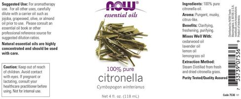 NOW Essential Oils, Citronella Oil, Freshening Aromatherapy Scent, Steam Distilled, 100% Pure, Vegan, Child Resistant Cap, 1-Ounce in Saudi Arabia