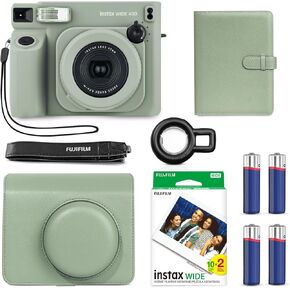 Fujifilm Instax Wide 400 Instant Camera (Sage Green) + INSTAX Wide Film (20 Exposures) + Shutter Accessories Bundle – Carrying Case, 80-Pocket Green Photo Album