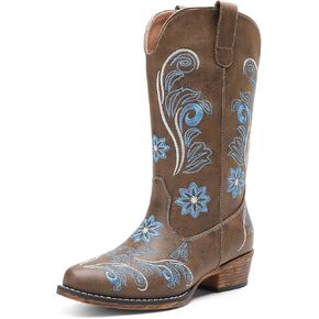 DREAM PAIRS Women's Cowboy Cowgirl Western Mid Calf Boots, Square Toe Embroidered Stitched Pull On Country Boots with Low Chunky Heel