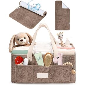 Baby Diaper Caddy Organizer with Portable Changing Mat - Teddy Fleece Diaper Organizer for Changing Table - Baby Basket for Diaper Changing Essentials - Baby Caddy Organizer with Removable Dividers