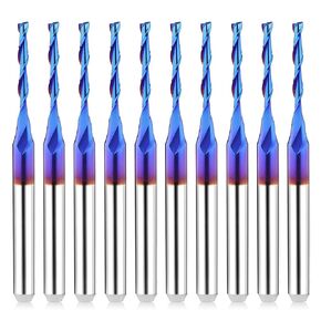 Upcut CNC Router Bits 1/8 inch Shank 1/16'' Cutting Dia Spiral Router Bit 10PCS Two Flutes Carbide End Mills with Coating, 1/8 Spiral Bit Flat Nose CNC Bits Milling Cutter for Wood PVC Cut Engraving