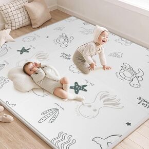 Foldable Baby Play Mat, 79x71 Inch Thick 0.8 Inch XPE Foam Waterproof, Extra Large Crawling Mat for Floor Kids Infant Training Non-Slip Reversible Non-Toxic (‎Ocean)
