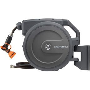 Giraffe Tools AW30 Garden Hose Reel Retractable 1/2" x 100 ft Wall Mounted Water Hose Reel Automatic Rewind, Any Length Lock, 100 ft, Dark Grey