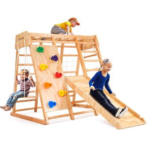 7-in-1 Indoor Jungle Gym for Kids, Toddler Playground With Slide, Swing and Climbing Rock, Wooden Montessori Climbing Toys, Playset