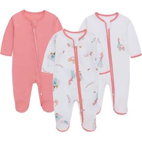 LAT 3 Pcs Baby Sleep and Play Pajamas,100% Organic Cotton Infant Girls Boys One-Piece Footies Romper Newborn,Zipper