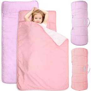 2 Pack Toddler Nap Mat with Pillow and Fleece Minky Blanket, Extra Large Kids Sleeping Bag for Preschool Daycare, Portable Travel Camping Nap mats Machine Washable