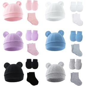 Degpum 6 Pcs Preemie Hats Mittens and Socks Set Cotton Preemie Infant Cotton Caps Gloves and Socks Preemie Mittens Warm Terry Socks for Preemie Baby