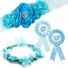 R HORSE Blue Maternity Sash Kit, Mom to Be and Daddy to Be Corsage, Blue Flower Crown Pregnancy Sash Decoration, Baby Shower Kit Party Favors Boy Girl Pregnancy Photo Prop Gift