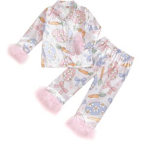 Toddler Baby Girl Easter Day Silk Pajamas Set Feather Trim Button Up Shirts Tops Shorts Pants Bunny Satin 2PCS Pj Set