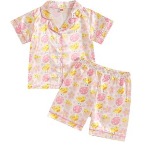 Toddler Girls 4th of July Satin Pajamas Flag Feather Trim Short Sleeve Shirt Shorts 2 Piece Pajama Set Kid Sleepwear