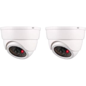 Dummy Fake Security Dome Camera Simulated Surveillance Cameras for Home & Business Security Outdoor/Indoor use with Flashing Red LED Light & Security Alert Sticker, Battery Powered, White, 2 Pack