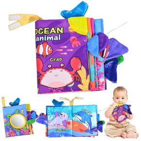 Crinkle Books for Babies,Touch and Feel Cloth Soft Books for Babies,Sensory for Baby Books 0-6 Months with Bi Bi Whistle,Mirror & Teething Toys,for Boy and Girl Gifts for Newborn Babies